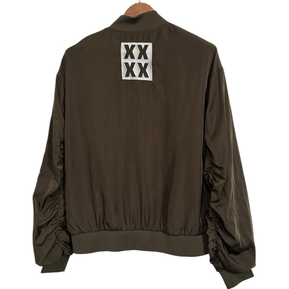 DO+BE Olive Green Satin Zipped Up Bomber XXXX Jacket Ruched Sleeves size M